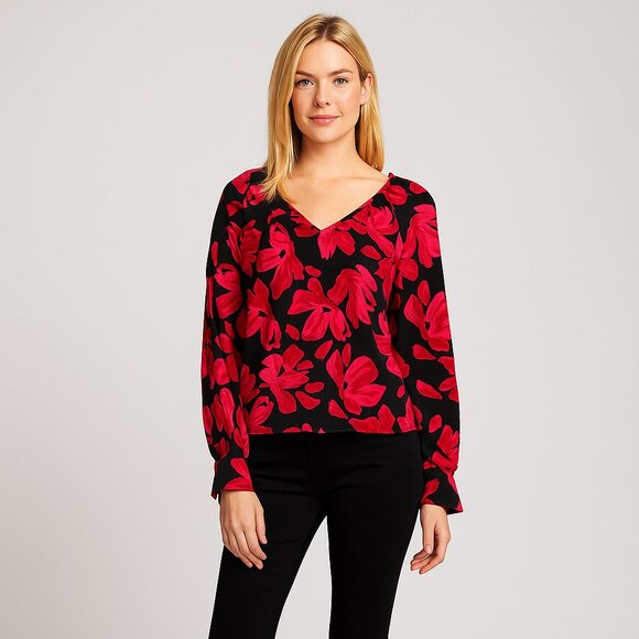2/$30 NWT Nine West Blouson V-Neck Blouse Breezy Floral Red XS #A0515 TRB3 - Picture 1 of 8
